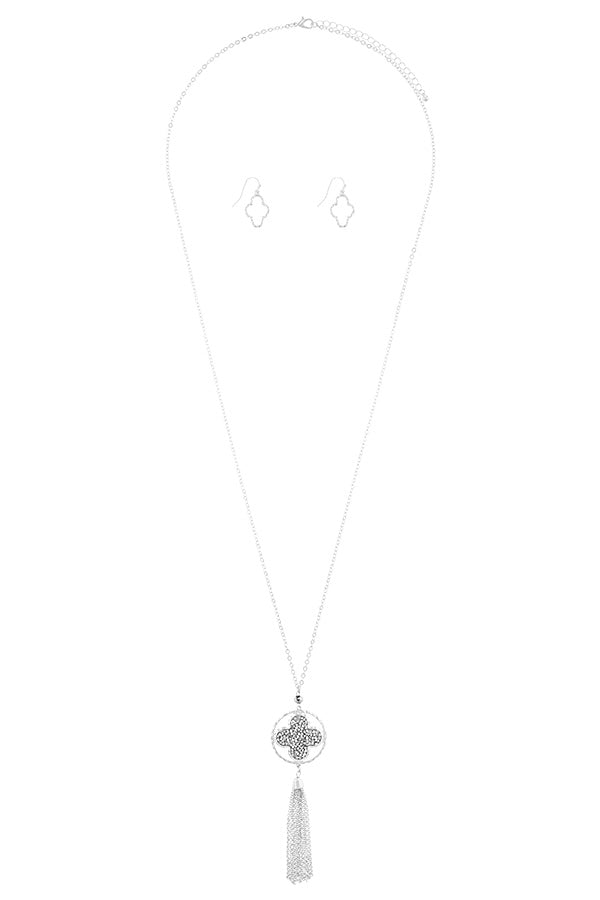 Chain tassel druzy quatrefoil necklace set
