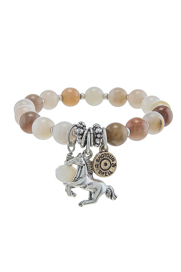 Horse charm semi precious bead stretch bracelet