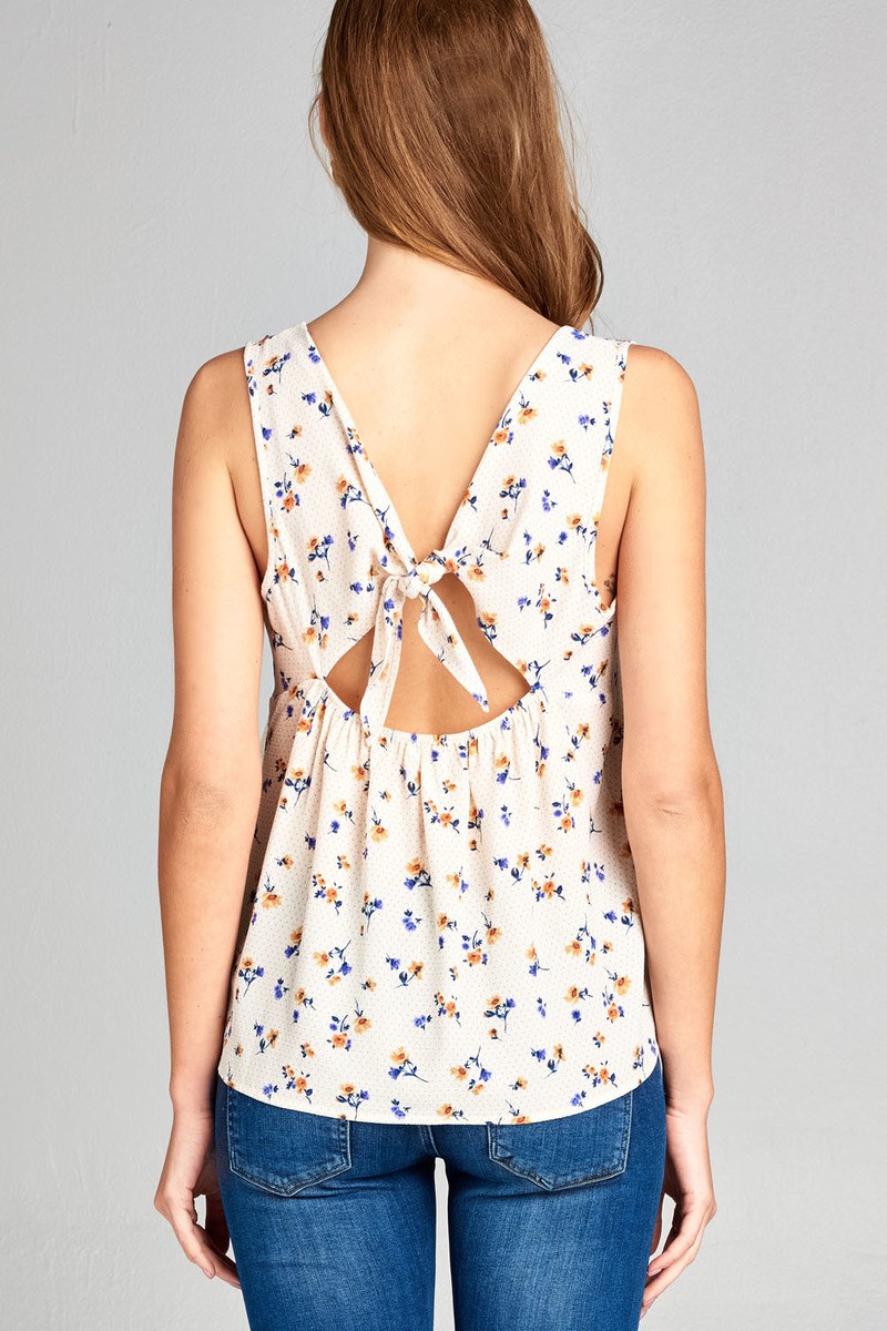Ladies fashion sleeveless round neck open back w/bow tie floral print crepe woven top
