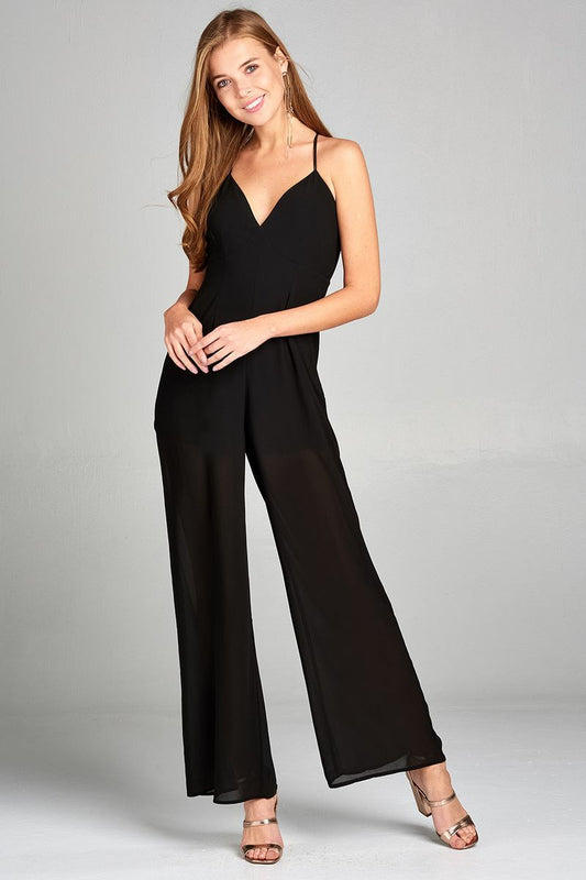 Ladies fashion plunging v-neck w/cami strap woven jumpsuit