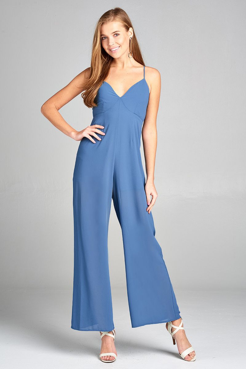 Ladies fashion plunging v-neck w/cami strap woven jumpsuit