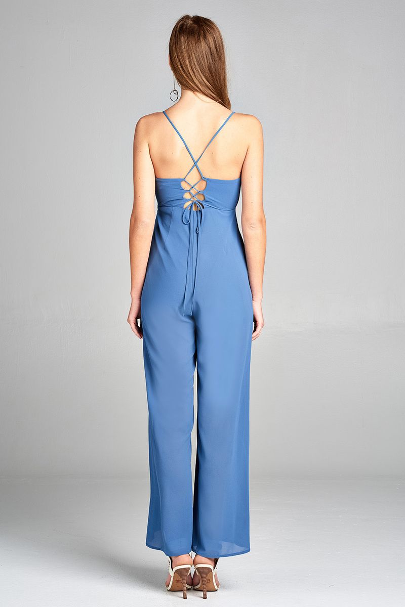 Ladies fashion plunging v-neck w/cami strap woven jumpsuit