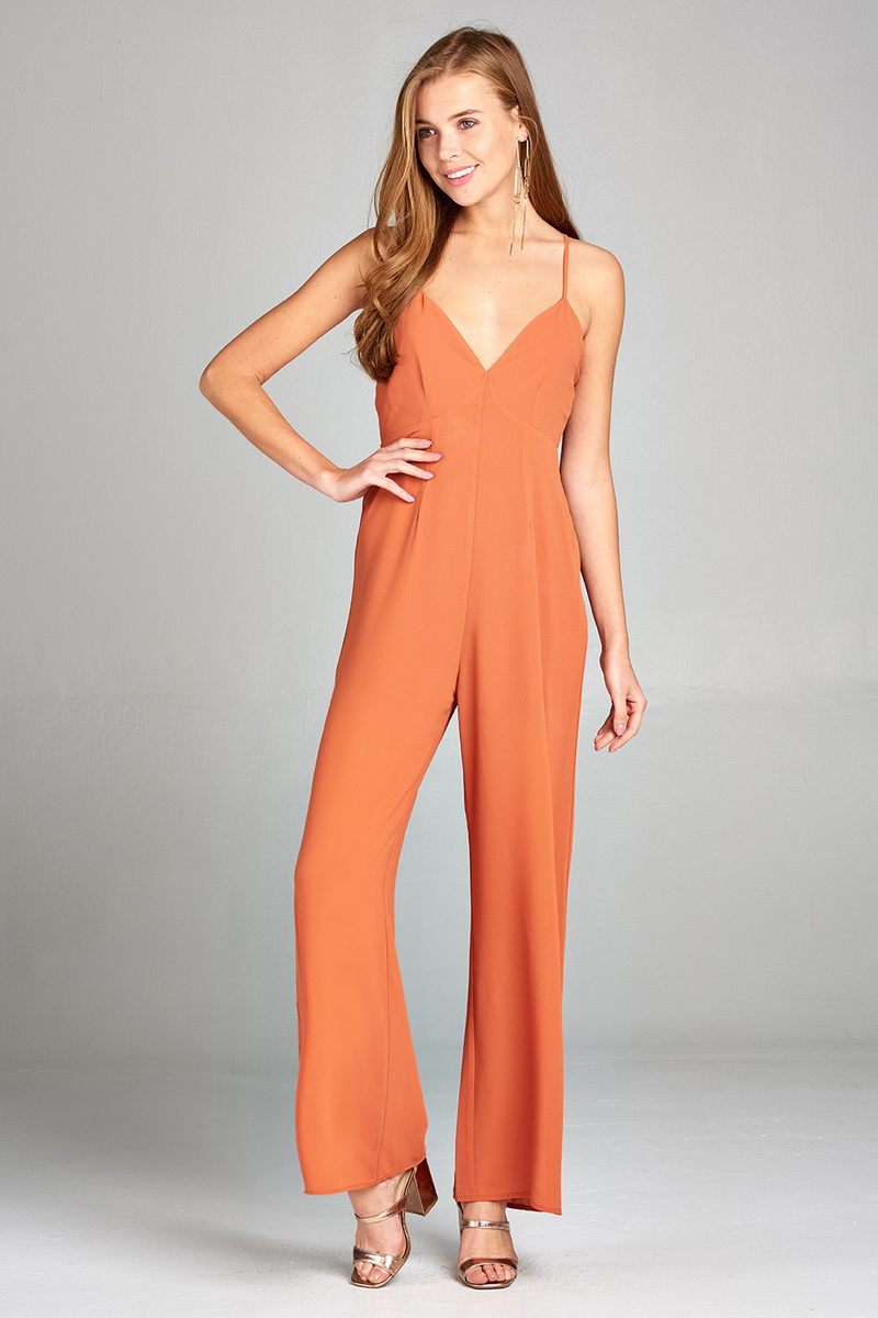 Ladies fashion plunging v-neck w/cami strap woven jumpsuit
