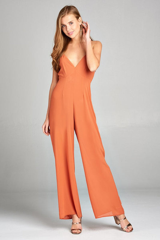 Ladies fashion plunging v-neck w/cami strap woven jumpsuit