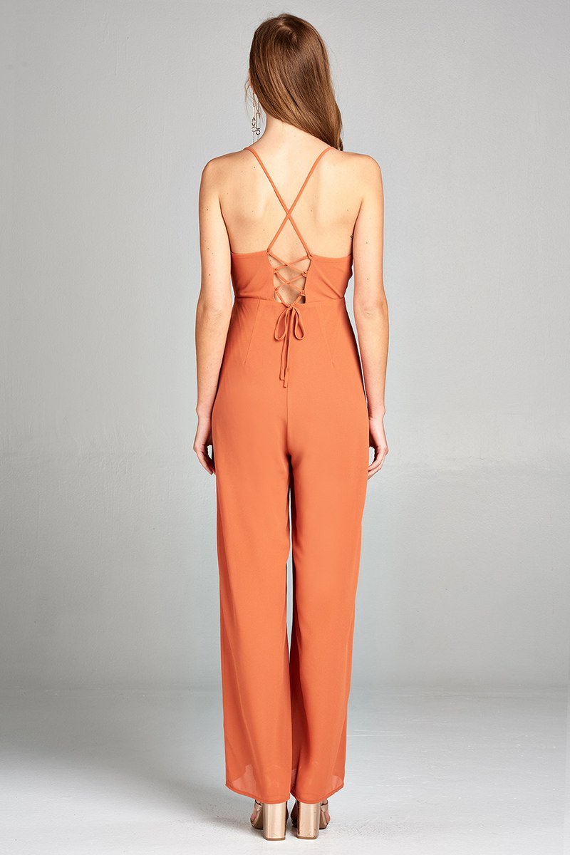 Ladies fashion plunging v-neck w/cami strap woven jumpsuit