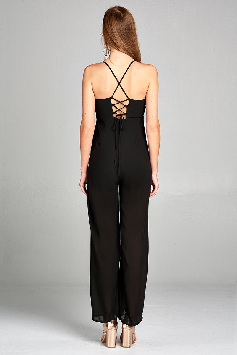 Ladies fashion plunging v-neck w/cami strap woven jumpsuit