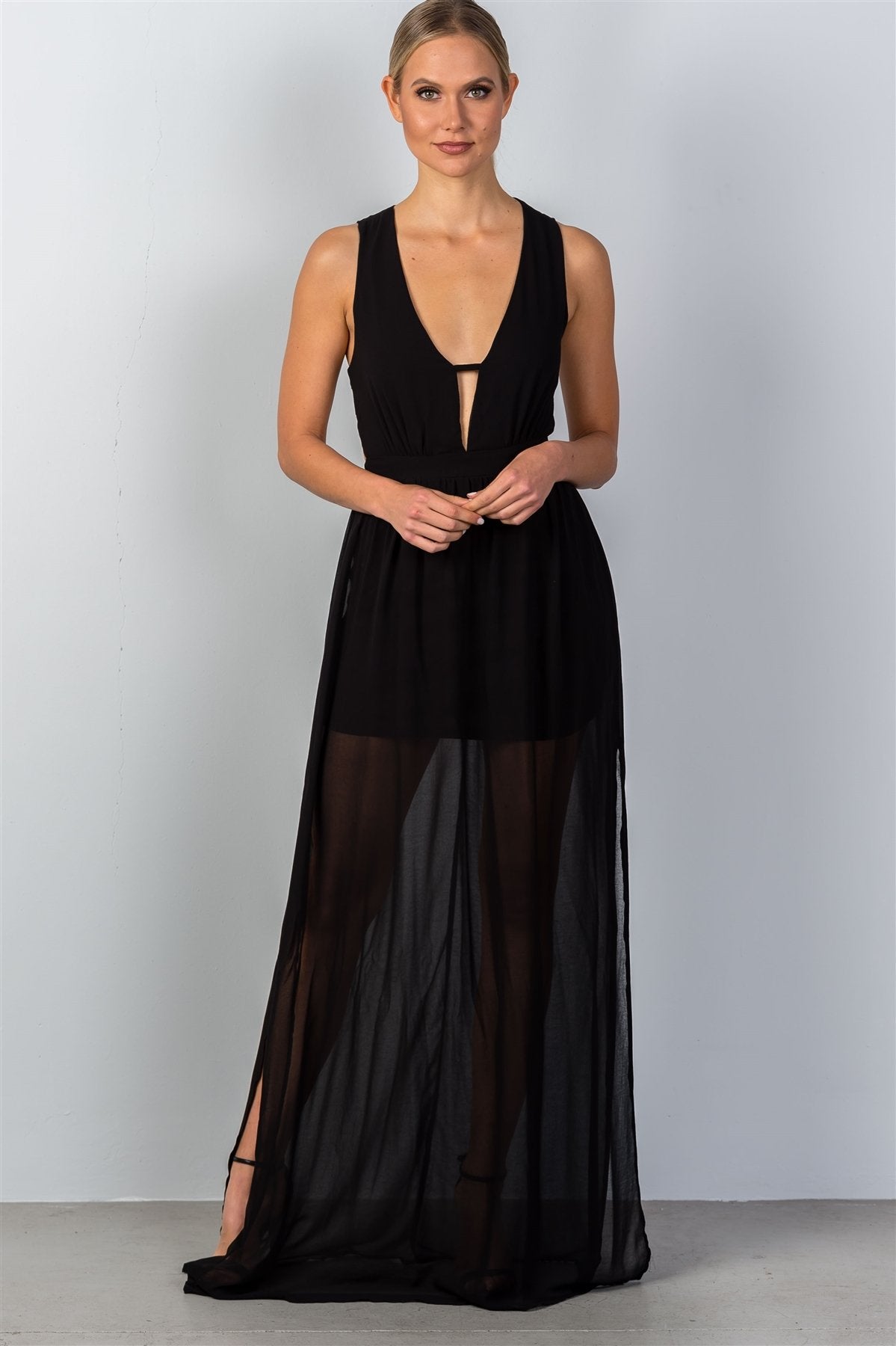 Ladies fashion black cut-out side slits maxi dress