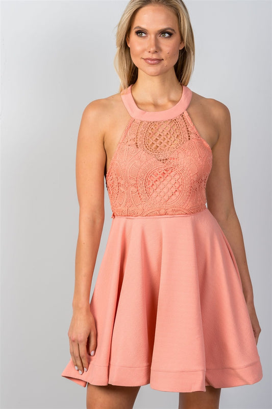 Ladies fashion blush high neck open back mini dress