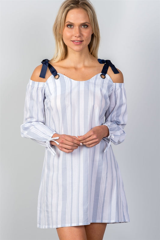 Ladies fashion white & blue shoulder tie ribbed mini dress