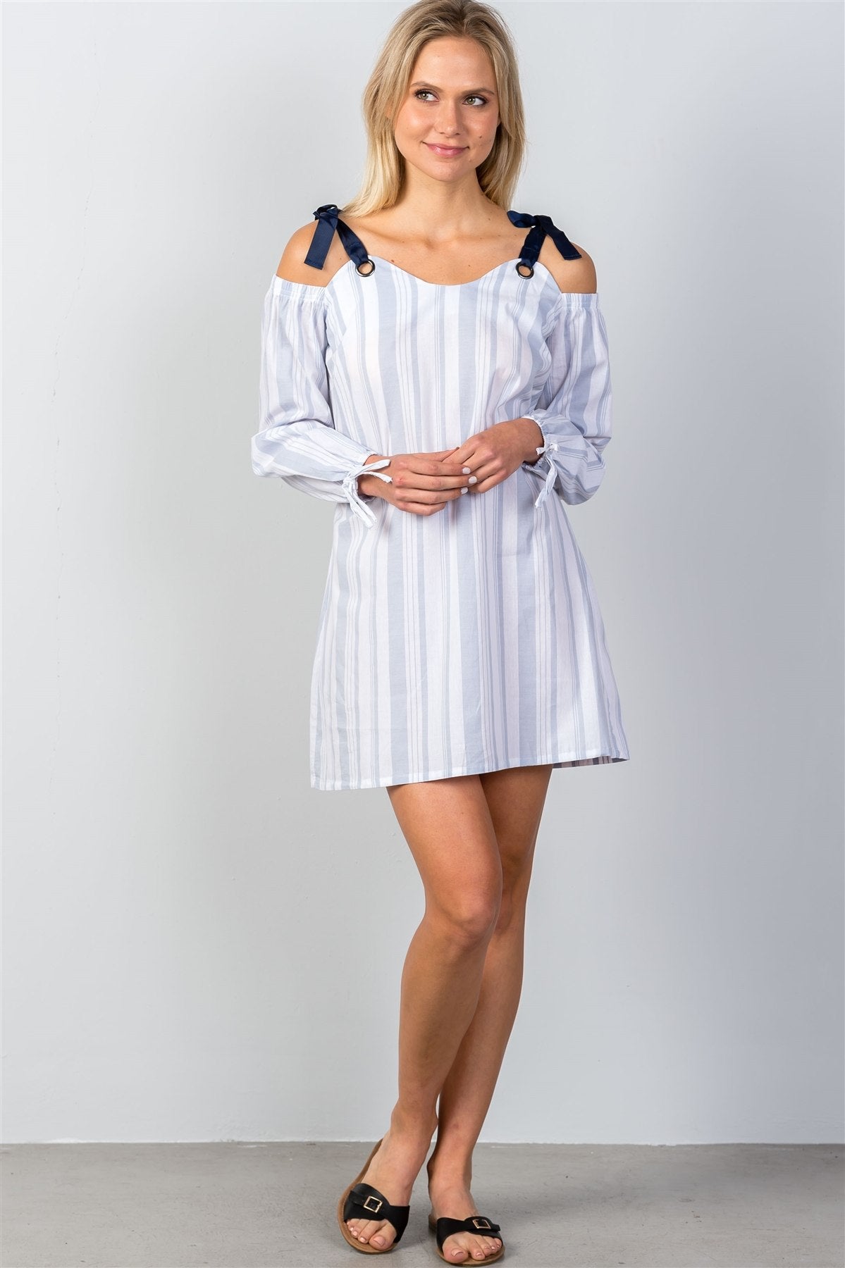 Ladies fashion white & blue shoulder tie ribbed mini dress
