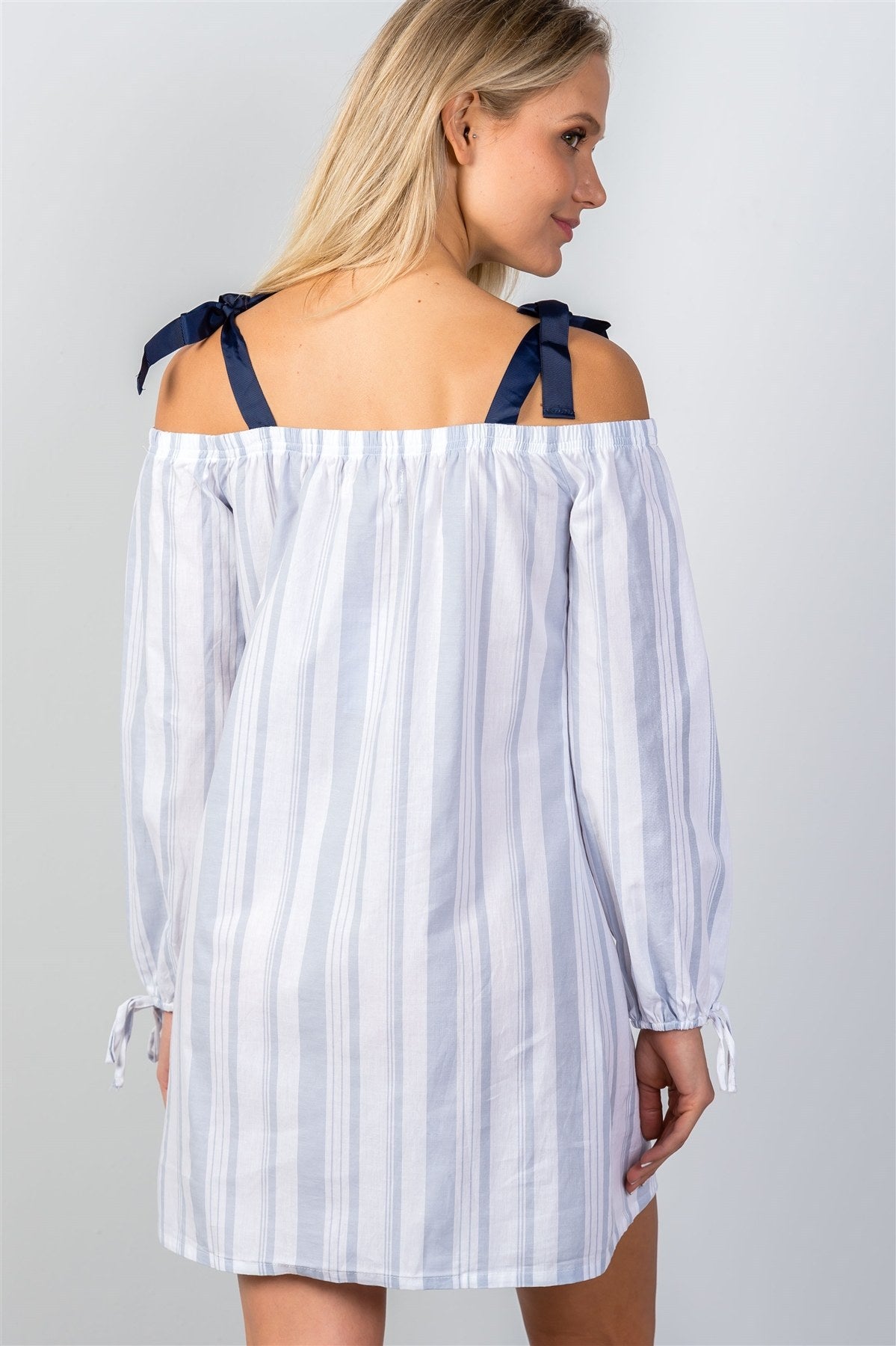 Ladies fashion white & blue shoulder tie ribbed mini dress