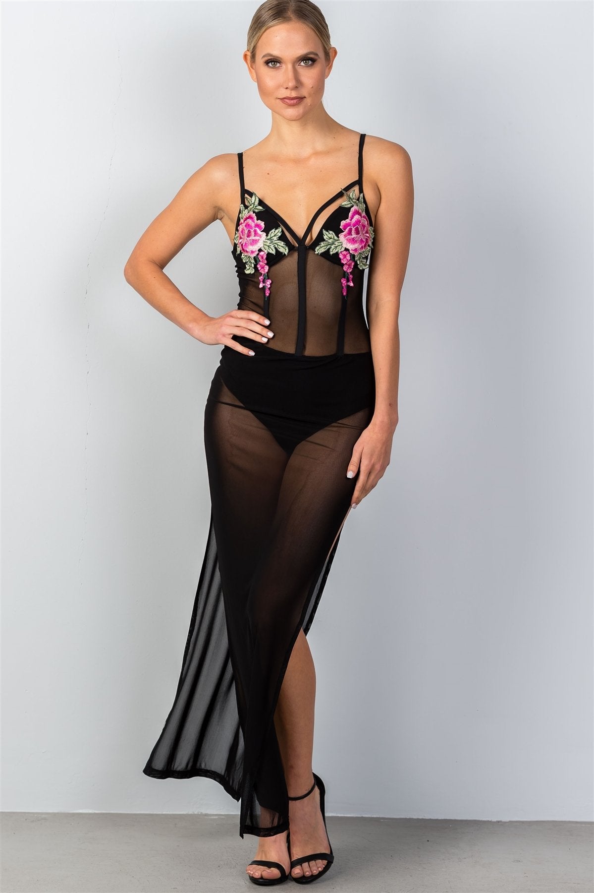 Ladies fashion embroidered floral sheer mesh maxi dress