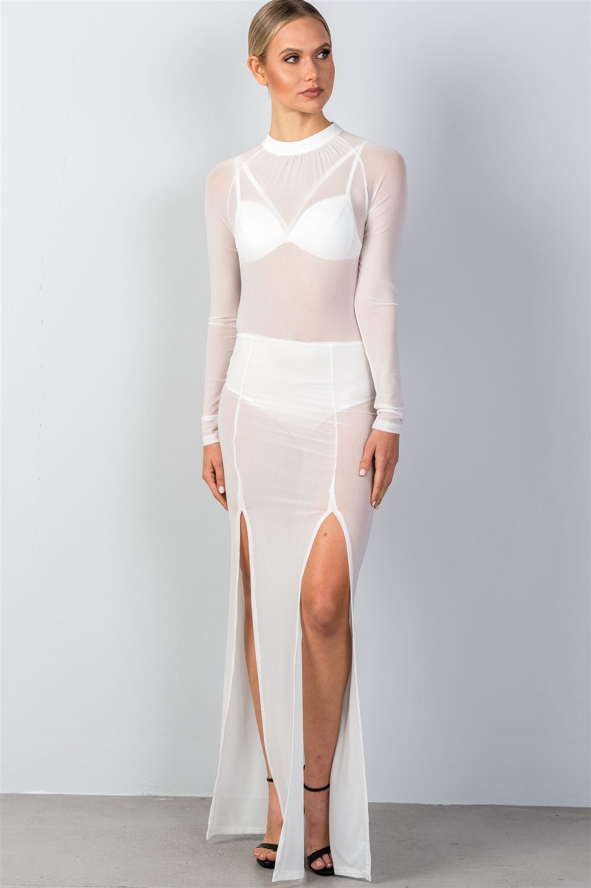 Ladies fashion mock neck all mesh double slit maxi dress