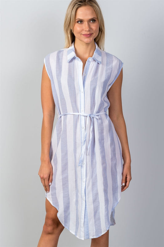 Ladies fashion blue & white stripe shirt midi dress