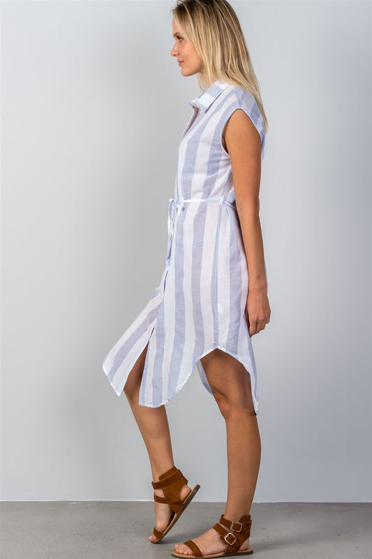 Ladies fashion blue & white stripe shirt midi dress