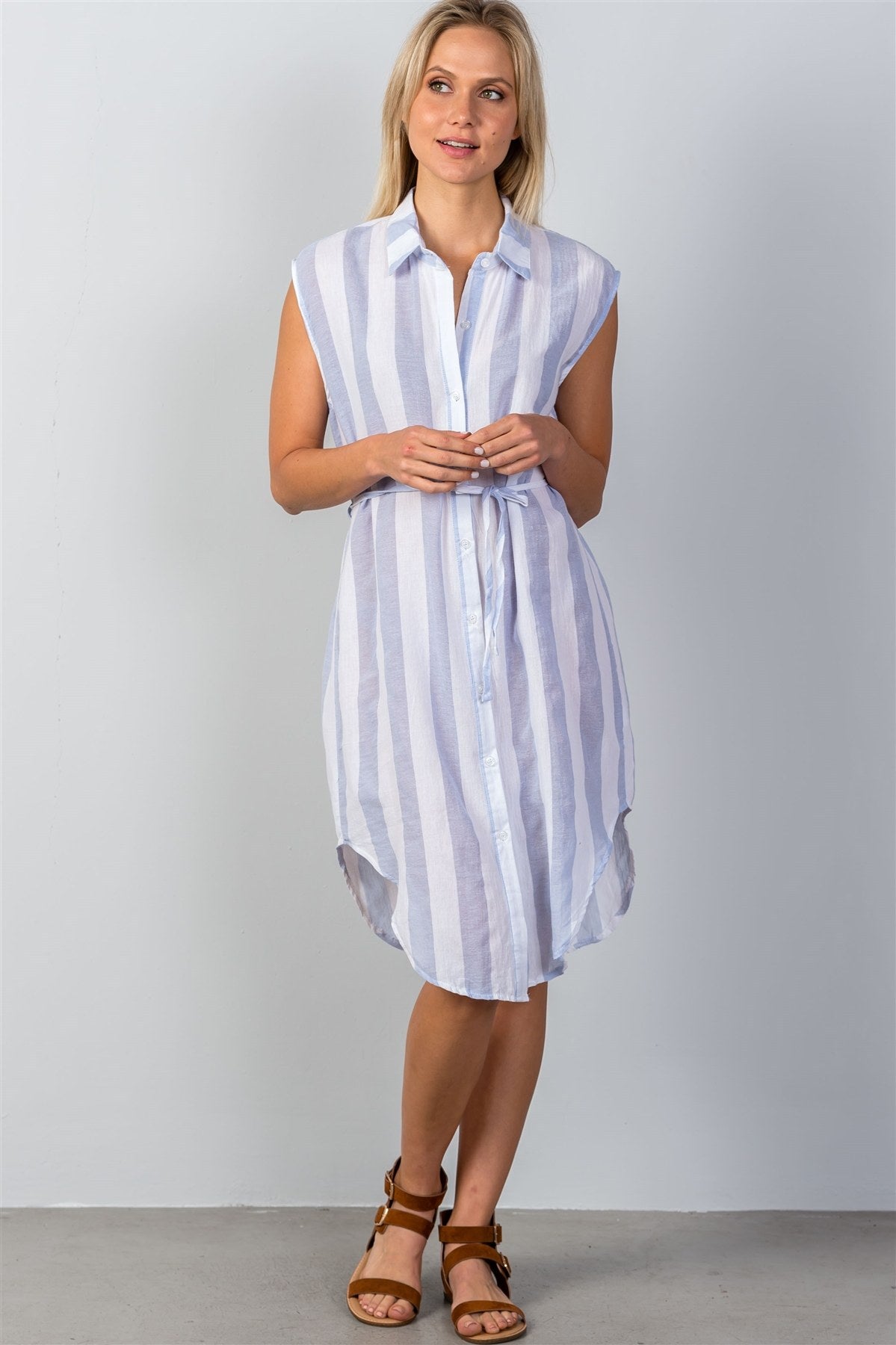 Ladies fashion blue & white stripe shirt midi dress