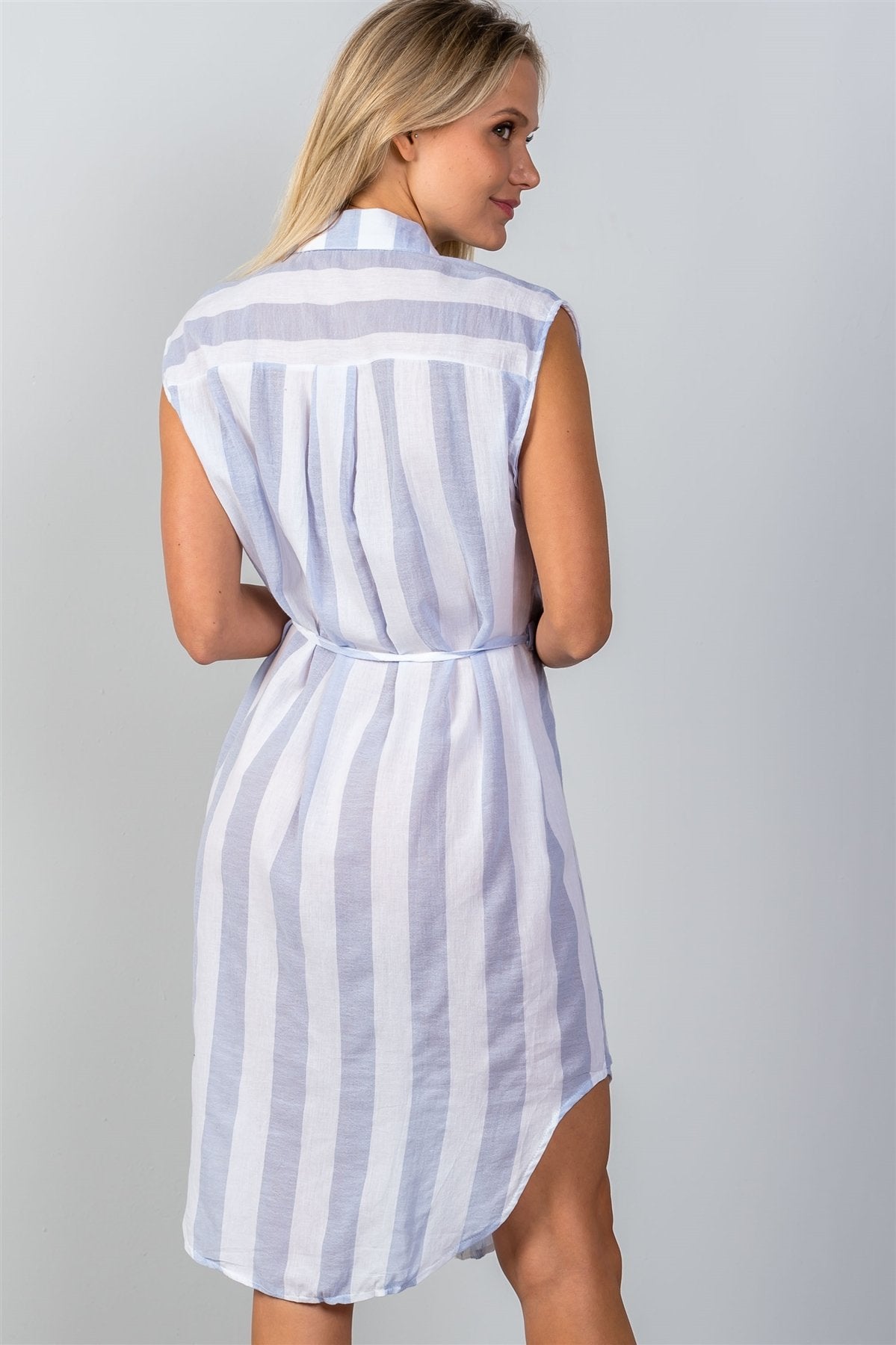 Ladies fashion blue & white stripe shirt midi dress