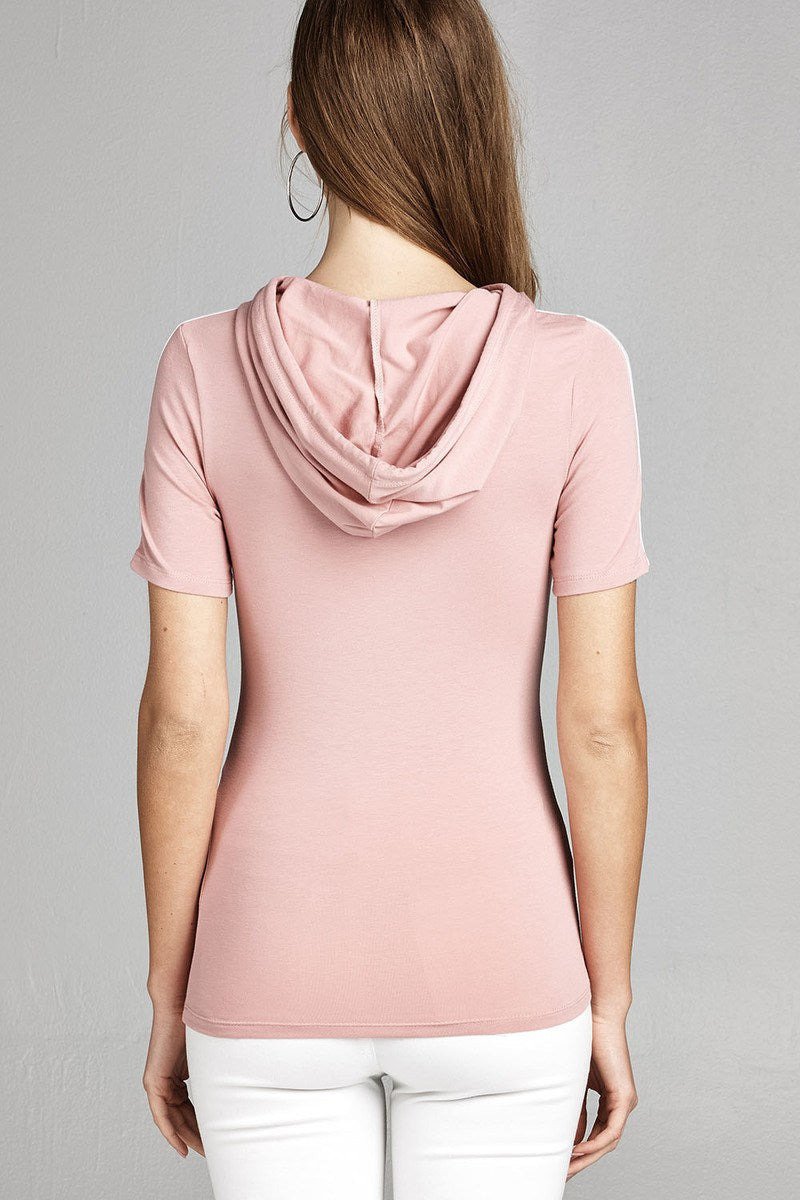 Ladies fashion short sleeve w/wide stripe drawstring hoodie cotton rayon spandex top
