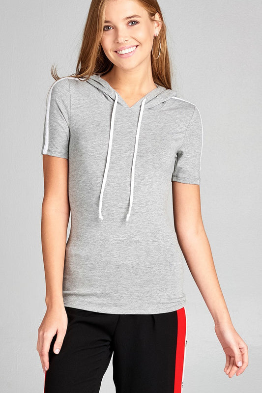 Ladies fashion short sleeve w/wide stripe drawstring hoodie cotton rayon spandex top