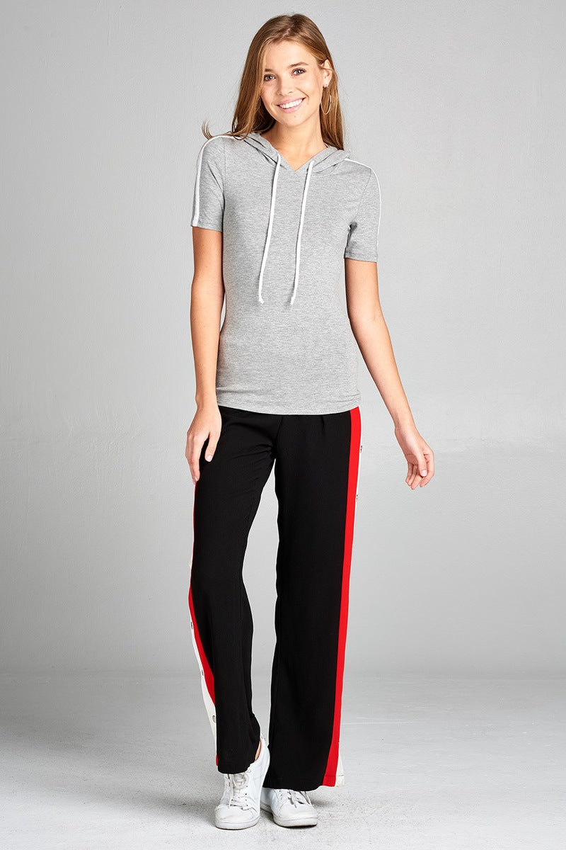 Ladies fashion short sleeve w/wide stripe drawstring hoodie cotton rayon spandex top