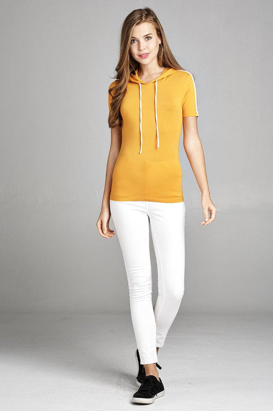 Ladies fashion short sleeve w/wide stripe drawstring hoodie cotton rayon spandex top