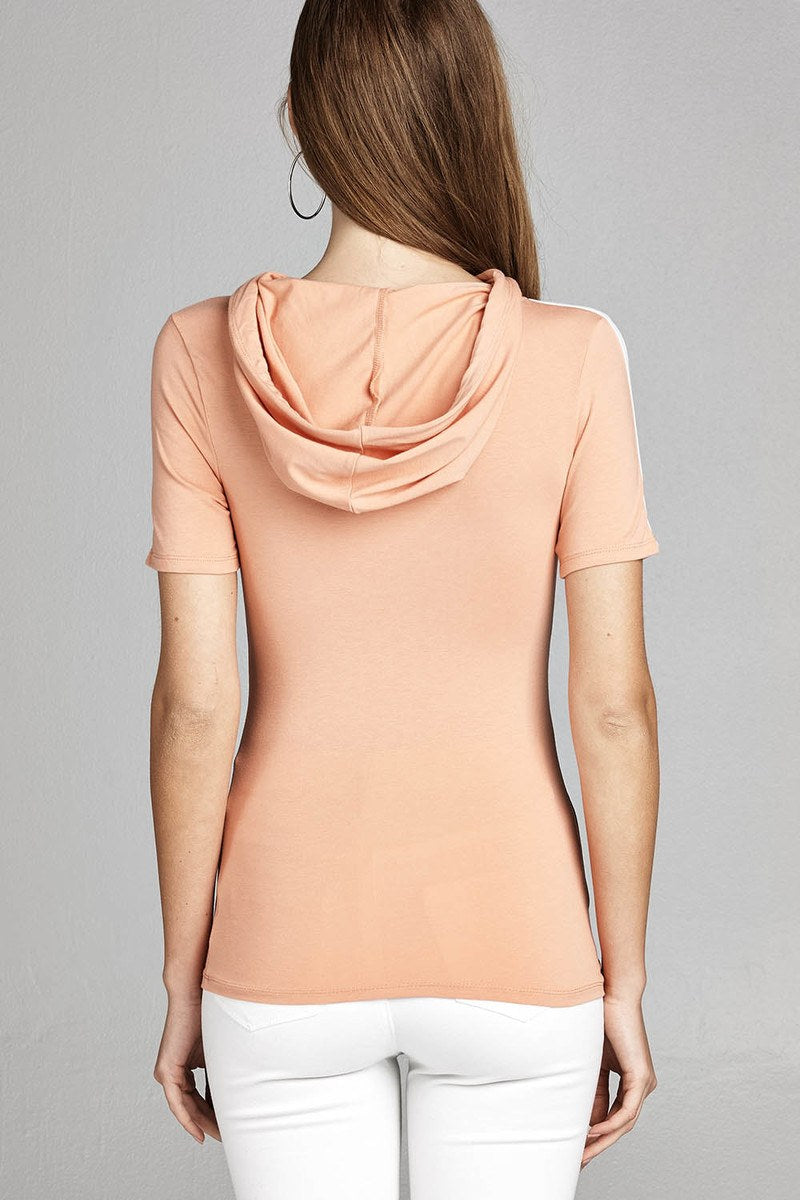 Ladies fashion short sleeve w/wide stripe drawstring hoodie cotton rayon spandex top