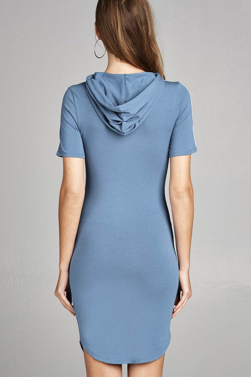 Ladies fashion short sleeve w/side stripe drawstring hoodie cotton rayon spandex mini dress