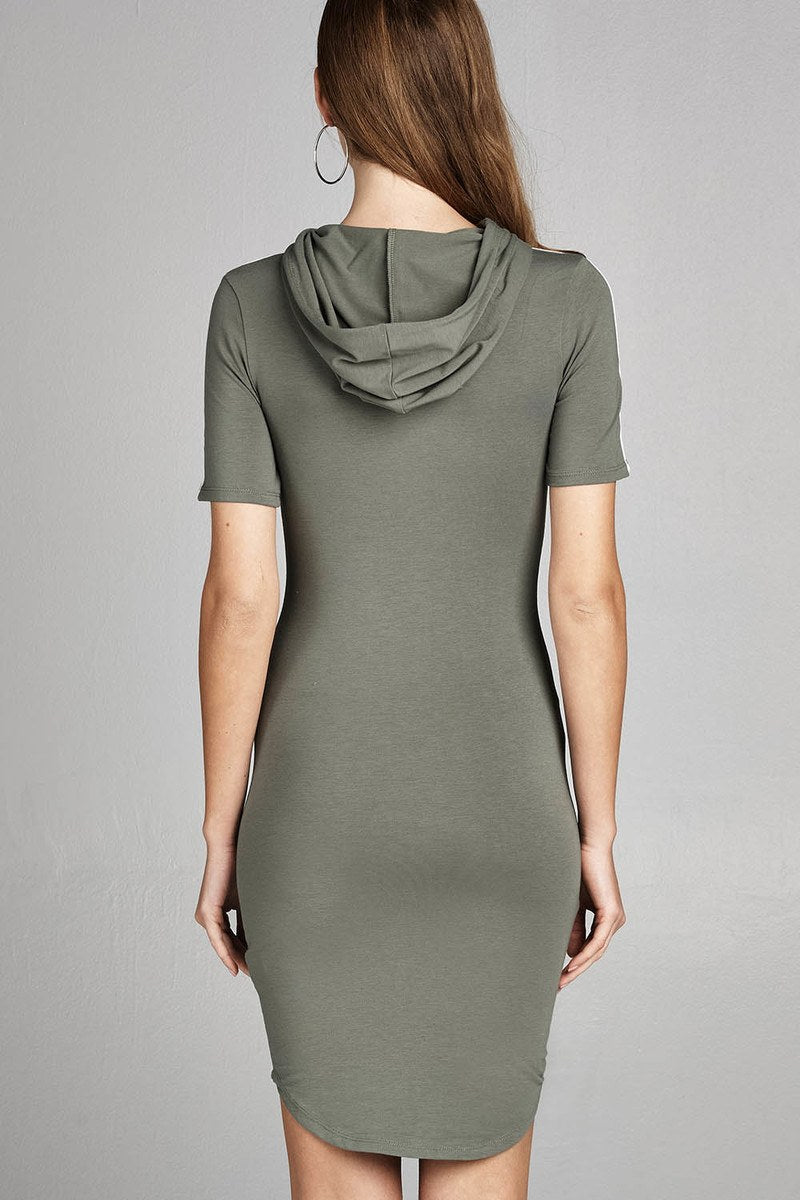 Ladies fashion short sleeve w/side stripe drawstring hoodie cotton rayon spandex mini dress