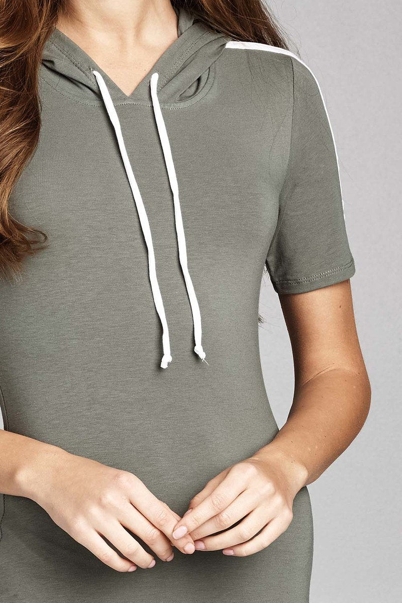 Ladies fashion short sleeve w/side stripe drawstring hoodie cotton rayon spandex mini dress