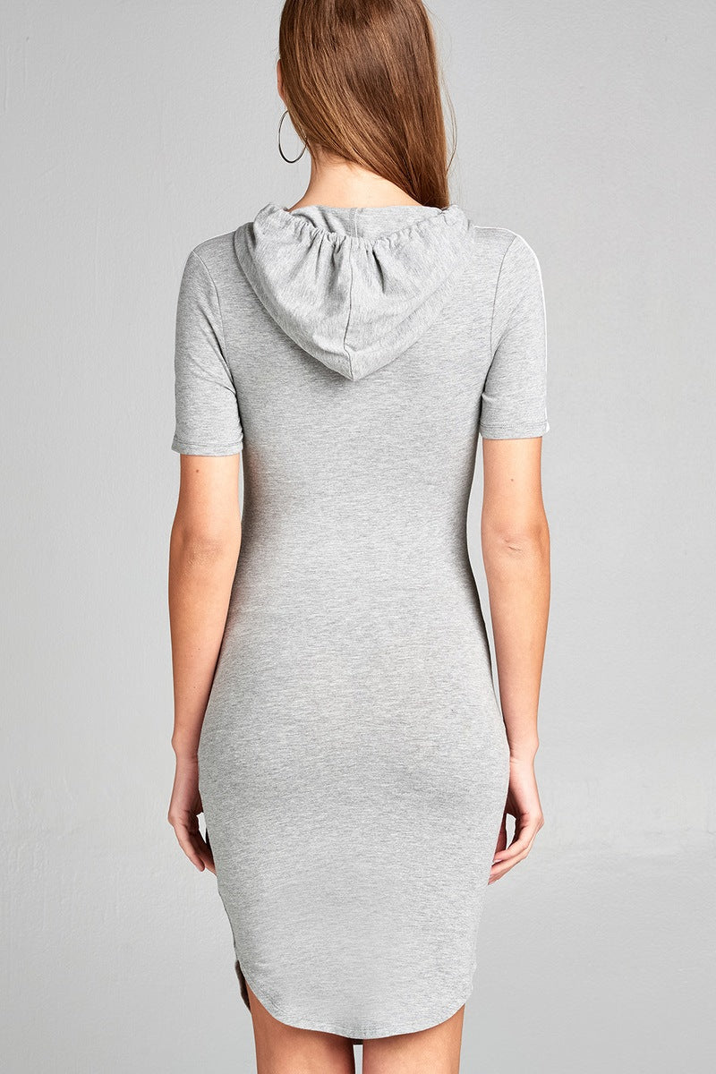 Ladies fashion short sleeve w/side stripe drawstring hoodie cotton rayon spandex mini dress
