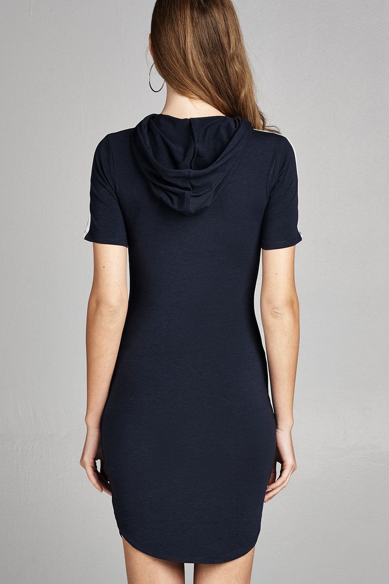 Ladies fashion short sleeve w/side stripe drawstring hoodie cotton rayon spandex mini dress