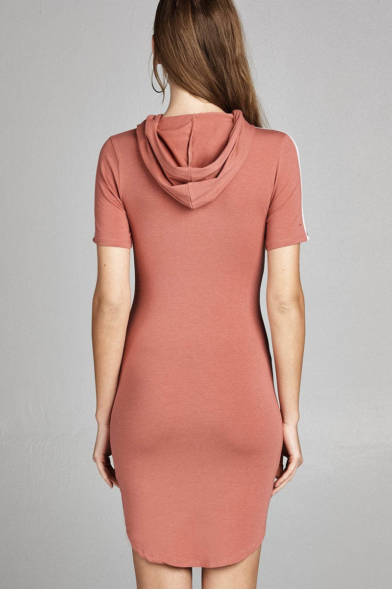 Ladies fashion short sleeve w/side stripe drawstring hoodie cotton rayon spandex mini dress
