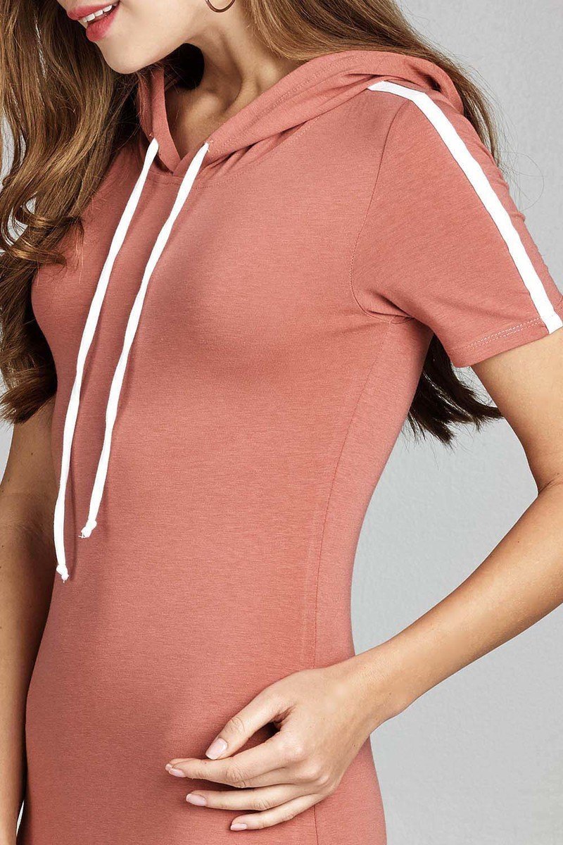 Ladies fashion short sleeve w/side stripe drawstring hoodie cotton rayon spandex mini dress