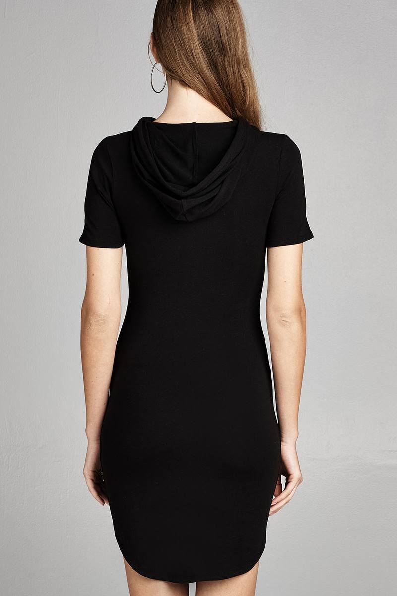 Ladies fashion short sleeve w/side stripe drawstring hoodie cotton rayon spandex mini dress