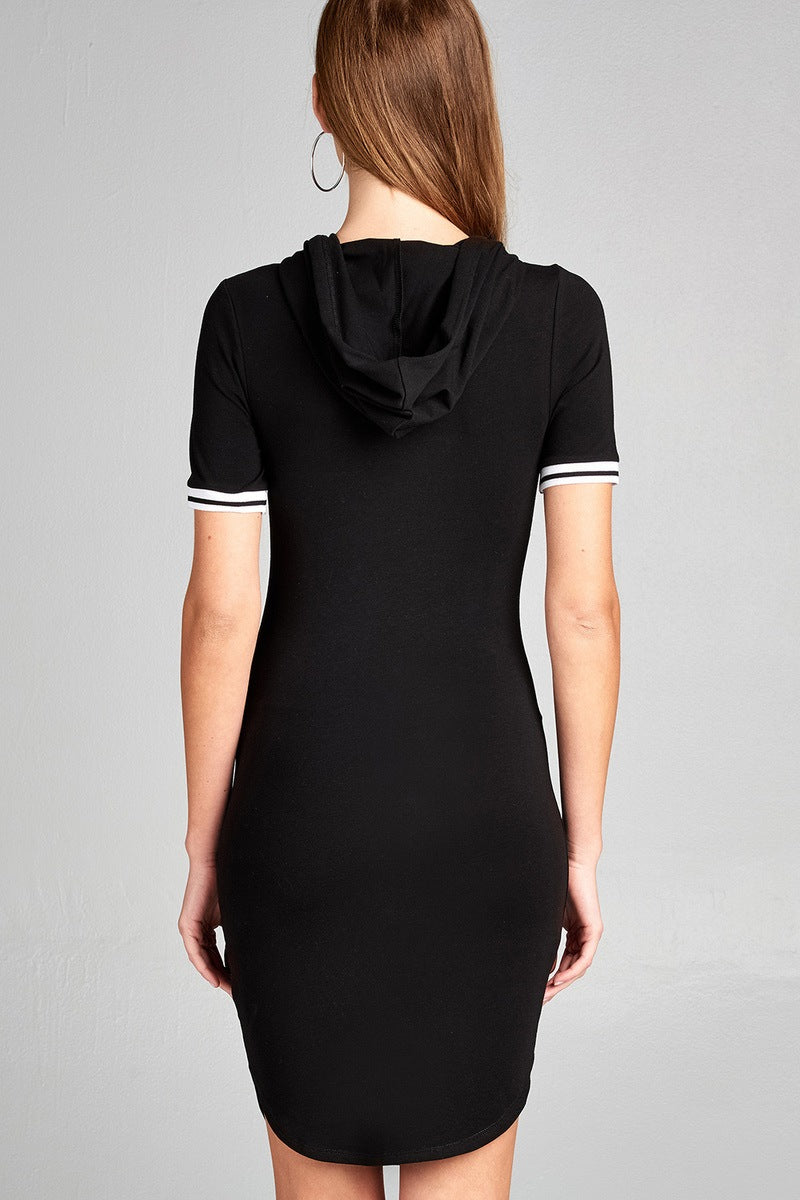 Ladies fashion short sleeve w/stripe band drawstring hoodie cotton rayon spandex mini dress
