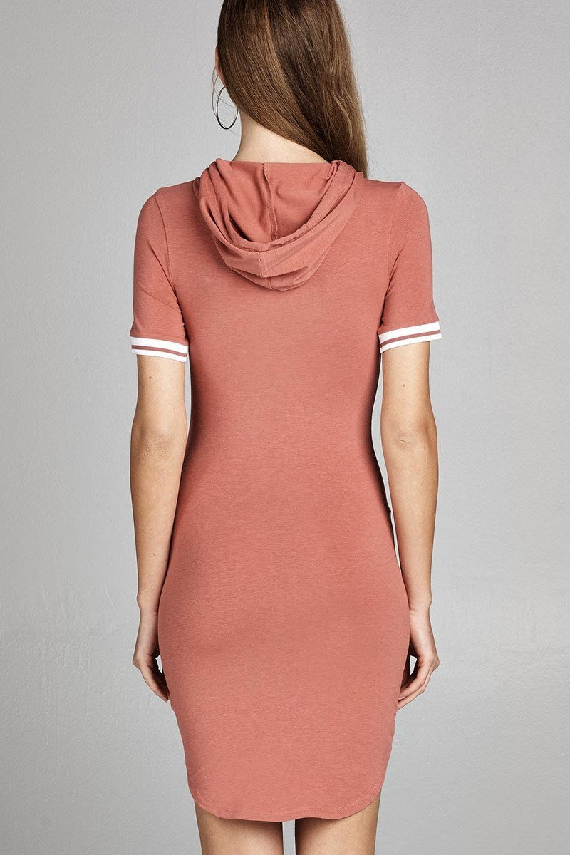 Ladies fashion short sleeve w/stripe band drawstring hoodie cotton rayon spandex mini dress