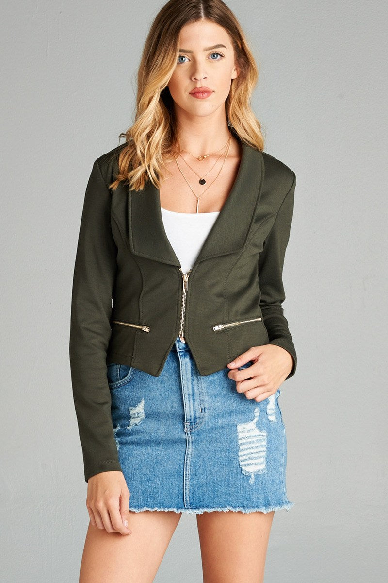Ladies fashion long sleeve zip front blazer