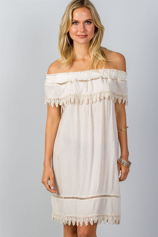 Ladies fashion boho ivory elastic off shoulder crochet trim mini dress