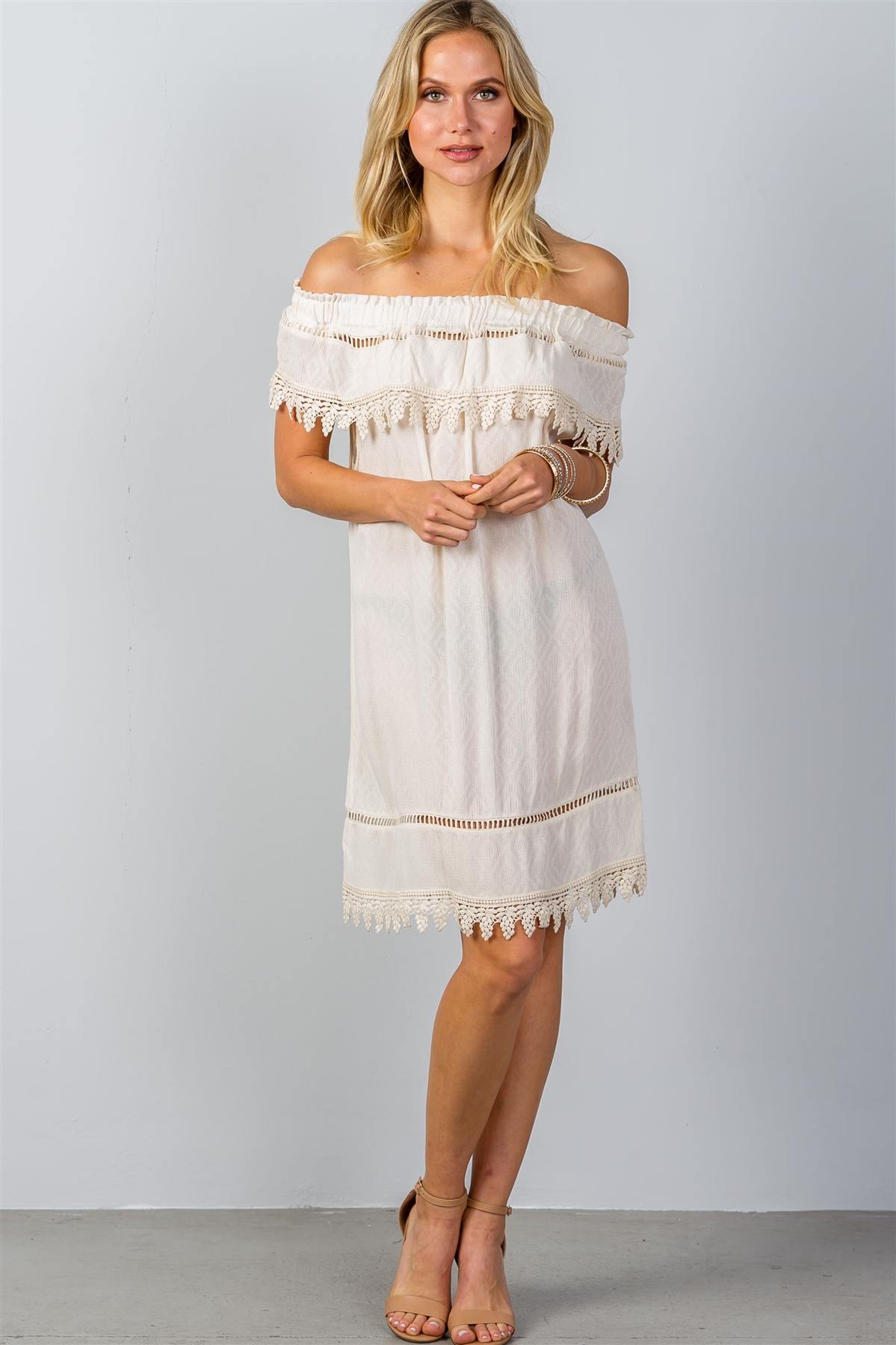 Ladies fashion boho ivory elastic off shoulder crochet trim mini dress