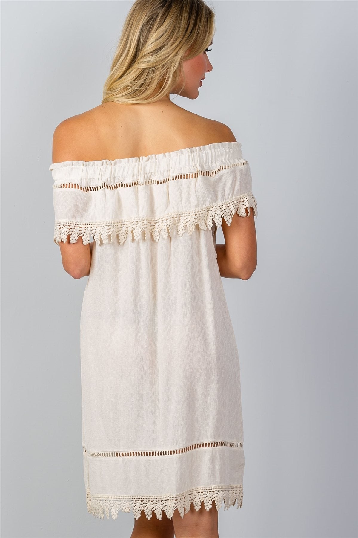 Ladies fashion boho ivory elastic off shoulder crochet trim mini dress