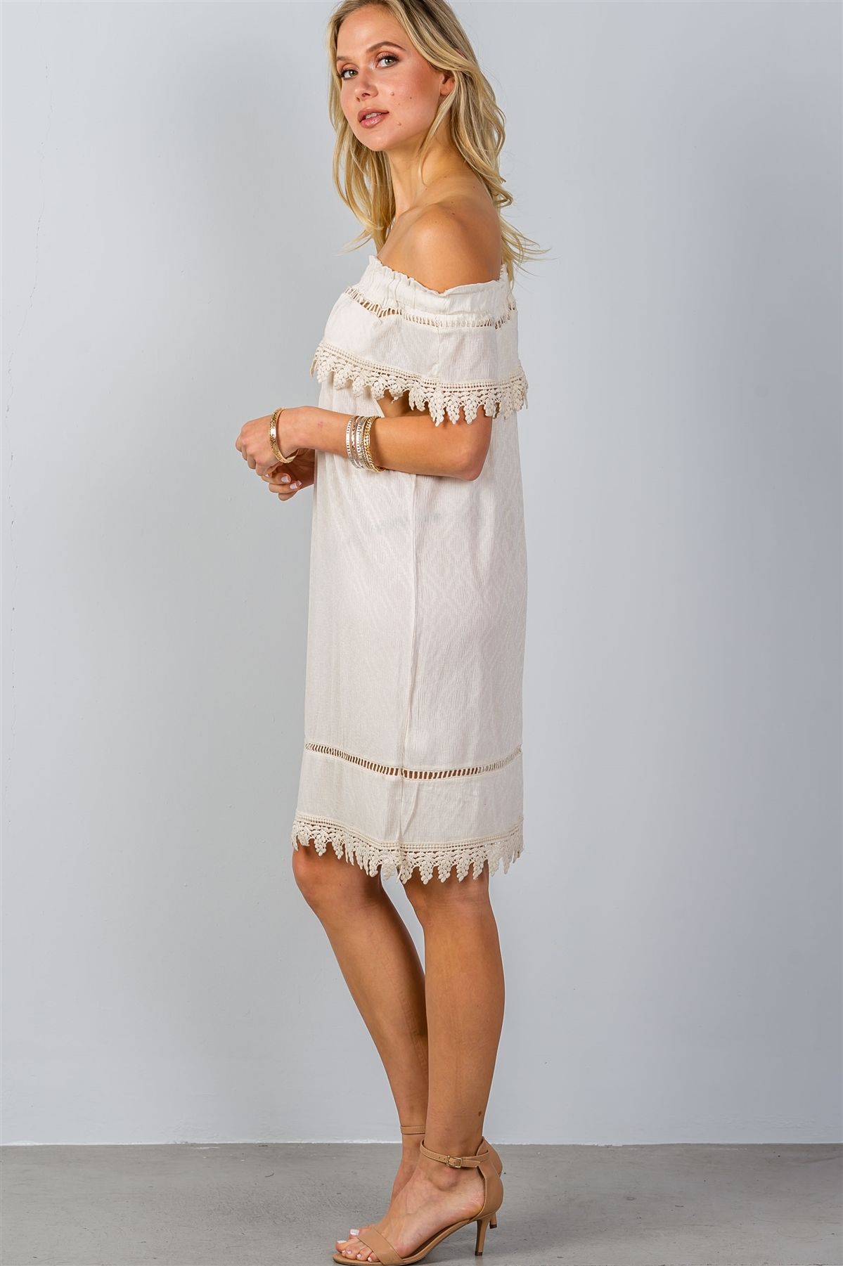 Ladies fashion boho ivory elastic off shoulder crochet trim mini dress