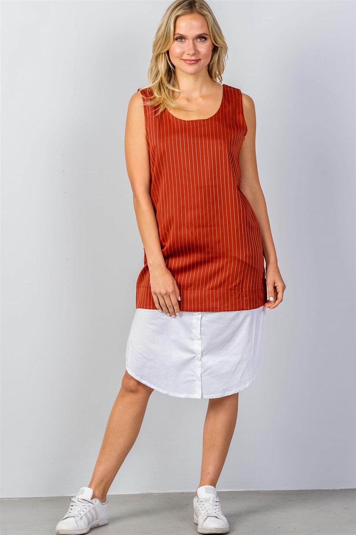 Ladies fashion  shirt hem pinstripe midi dress