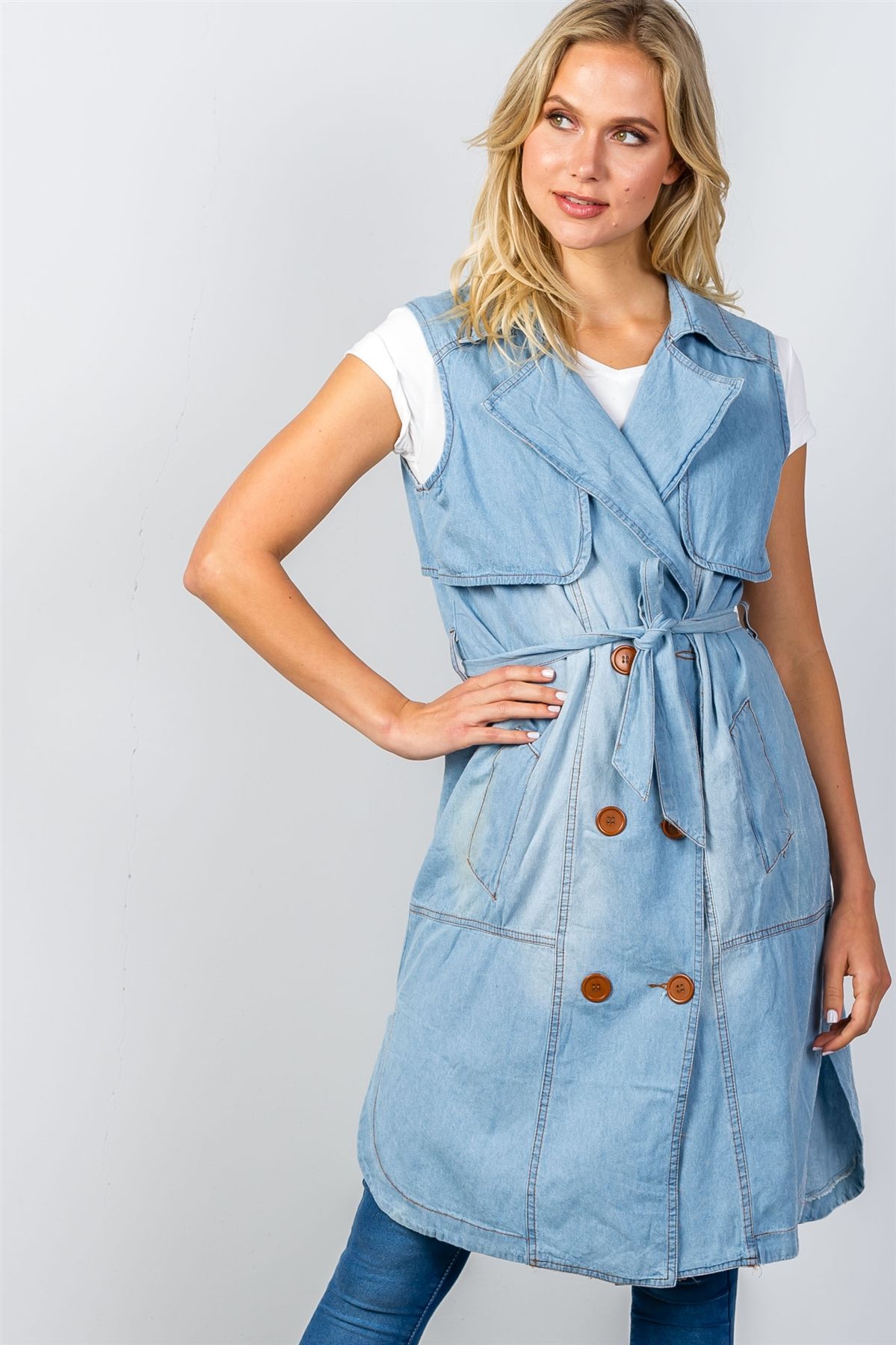 Ladies fashion denim self-tie long waistcoat