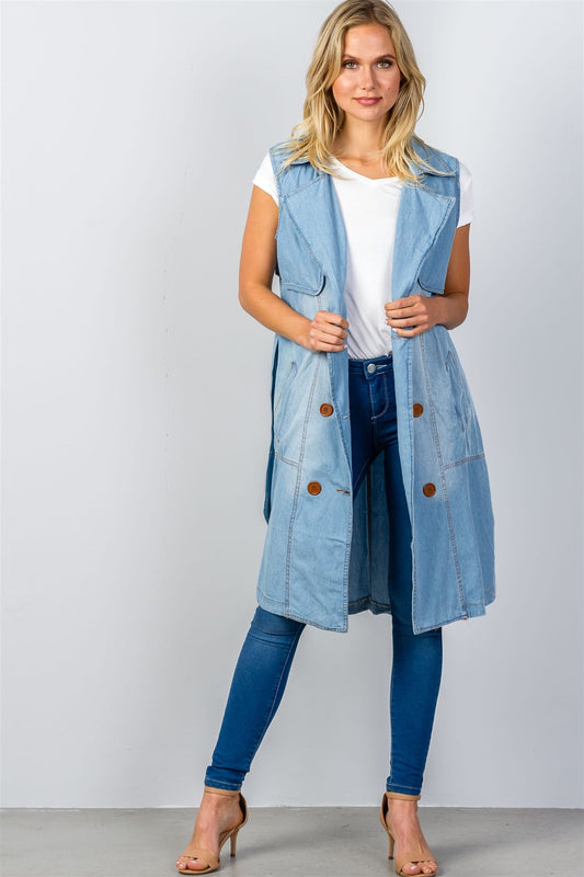 Ladies fashion denim self-tie long waistcoat