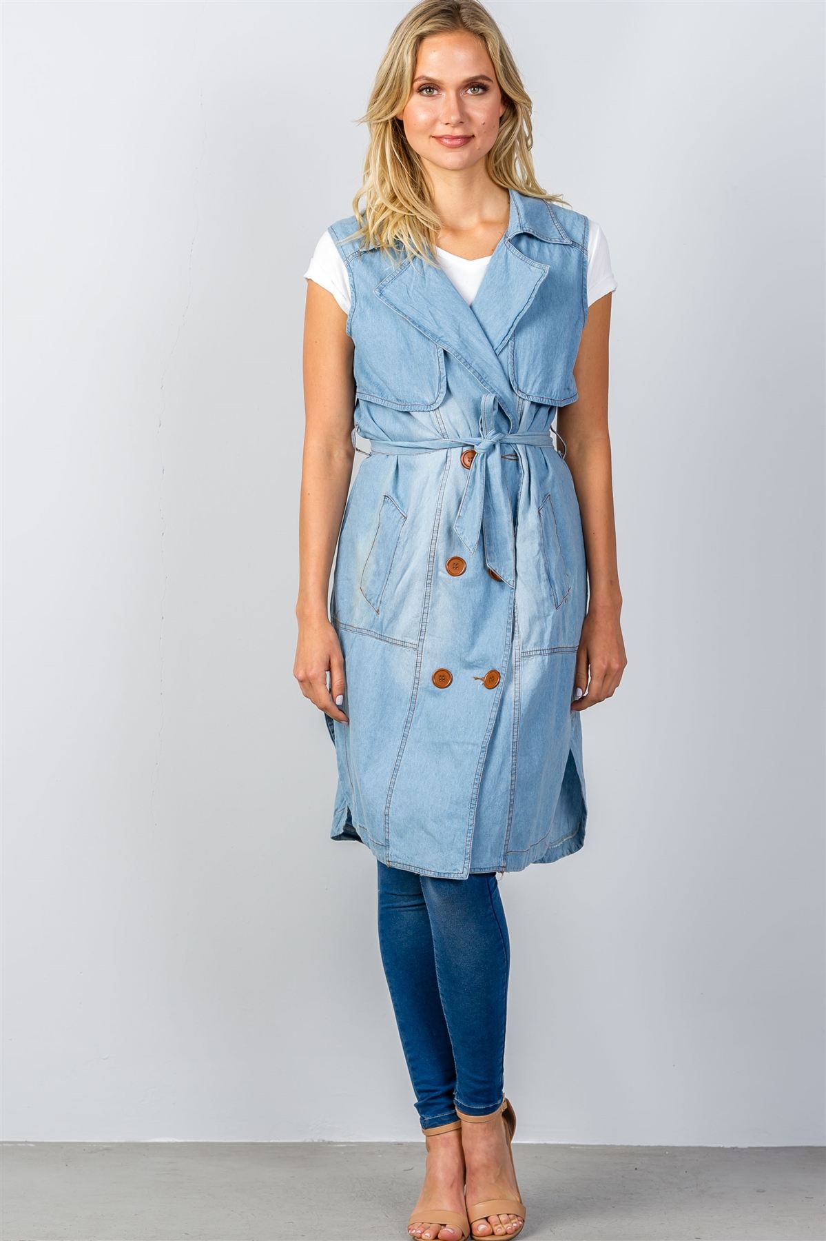Ladies fashion denim self-tie long waistcoat