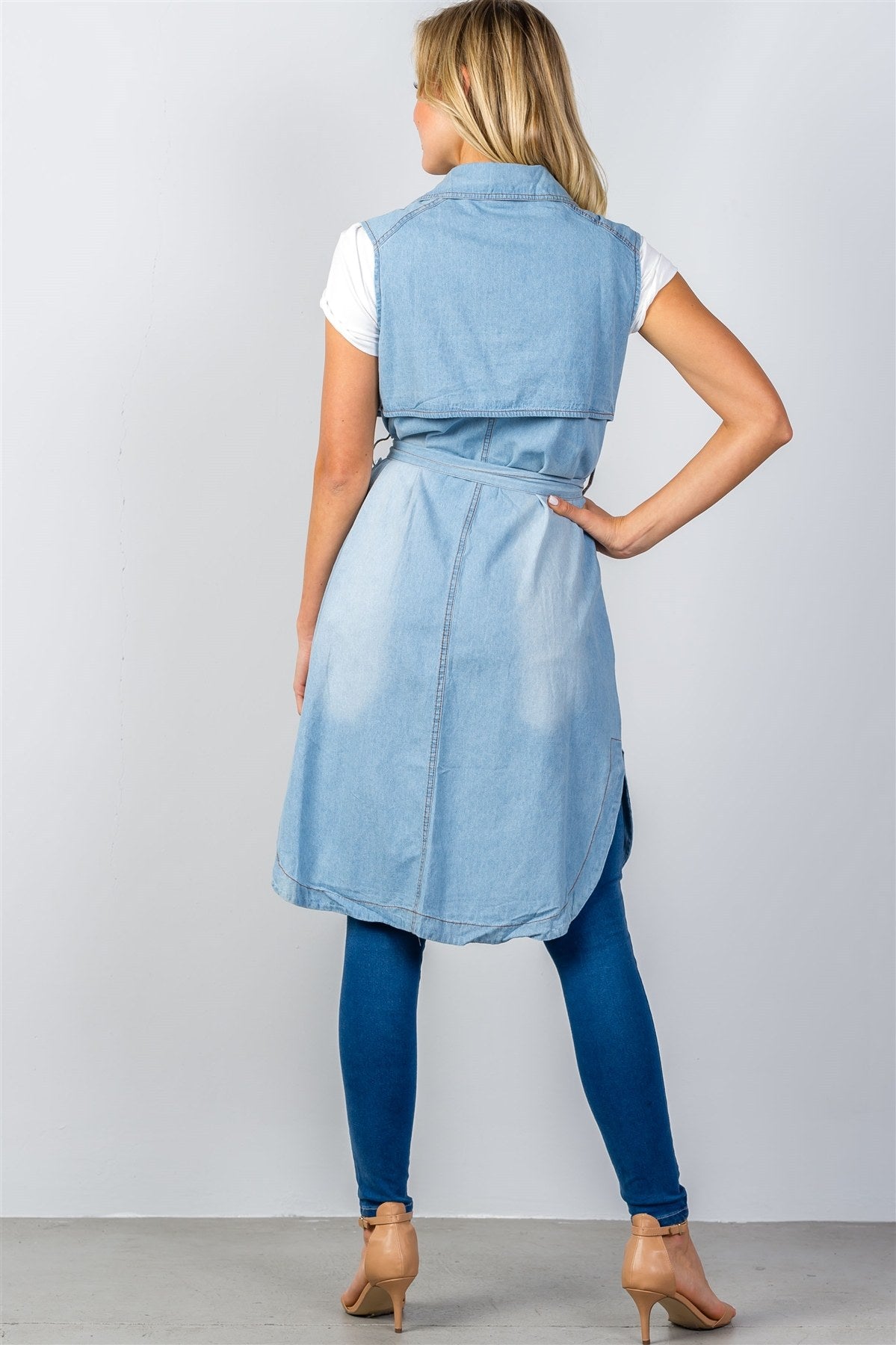 Ladies fashion denim self-tie long waistcoat