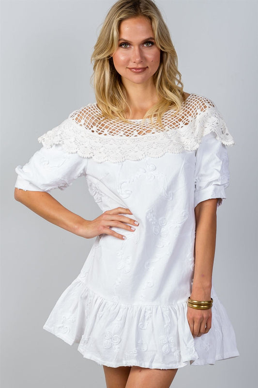 Ladies fashion boho white ruffle hem crochet shift mini dress