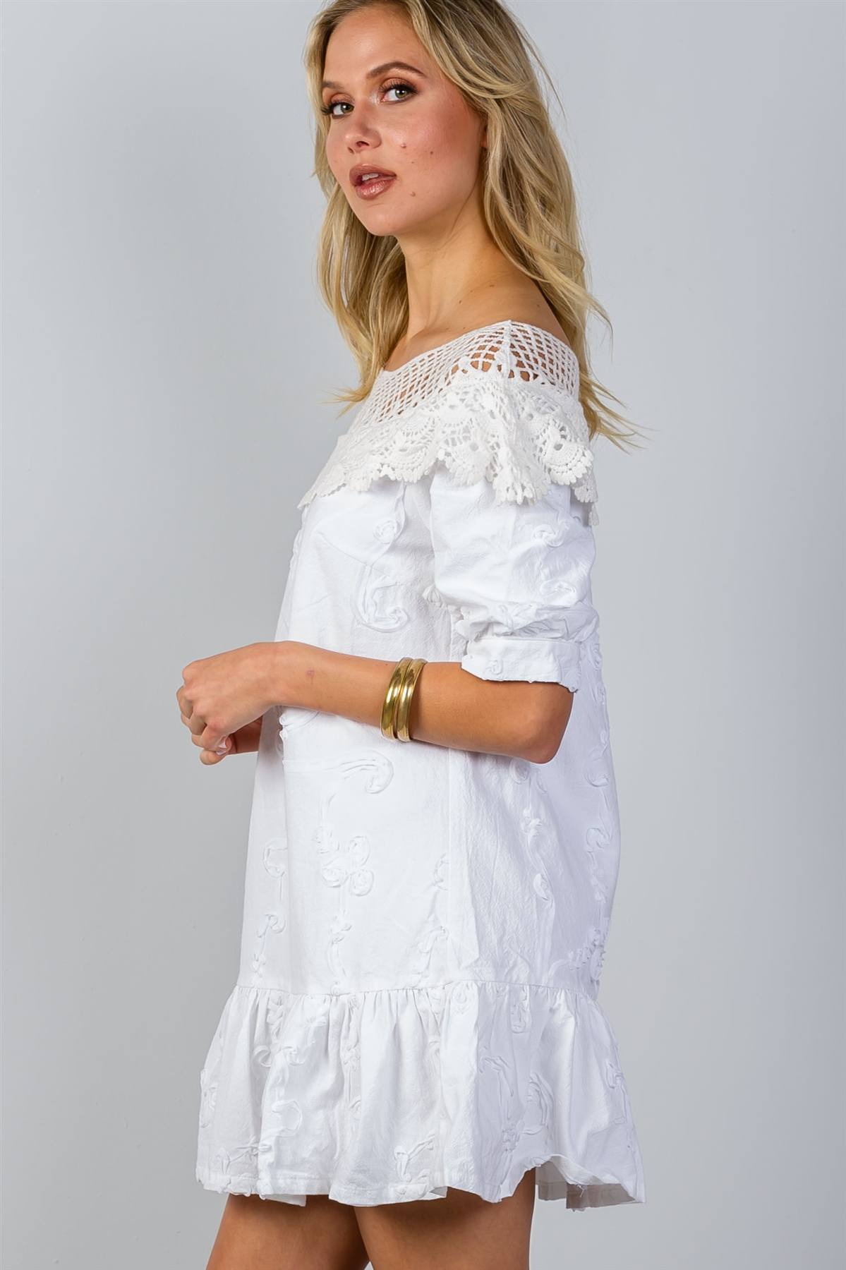 Ladies fashion boho white ruffle hem crochet shift mini dress