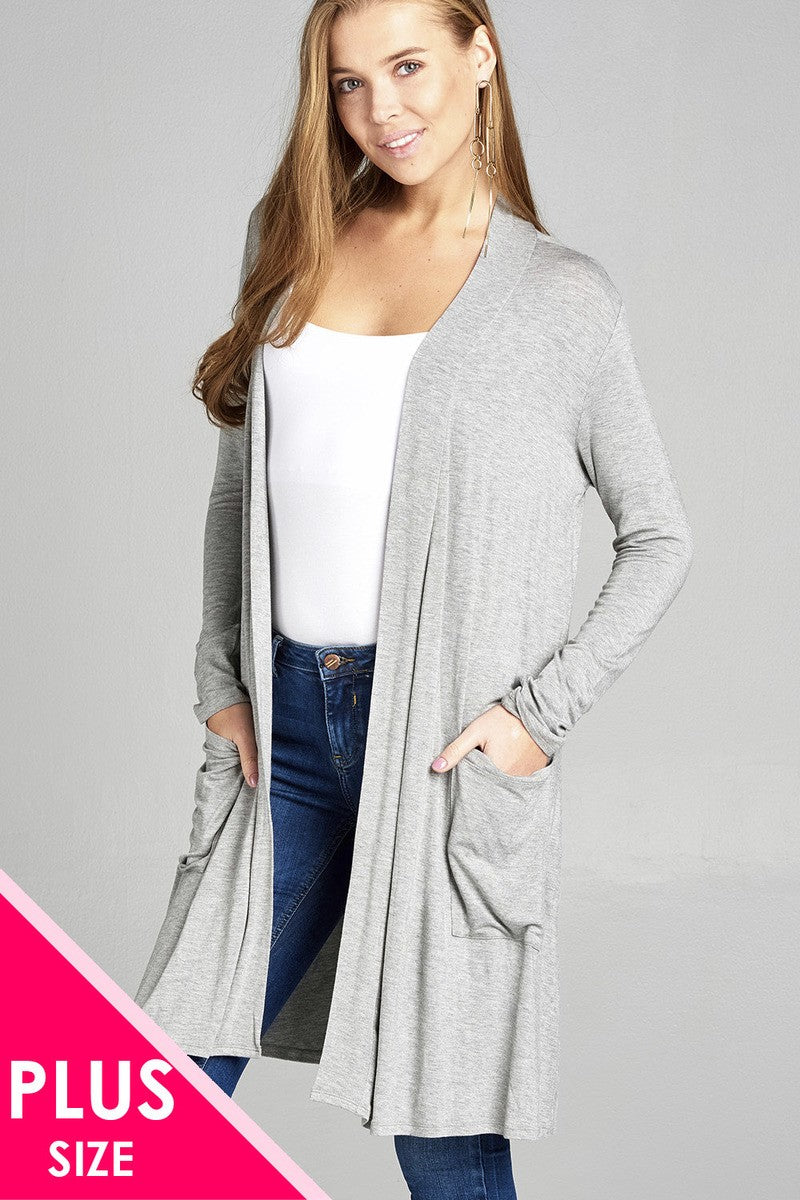 Ladies fashion plus size long sleeve open front w/pocket long length rayon spandex cardigan