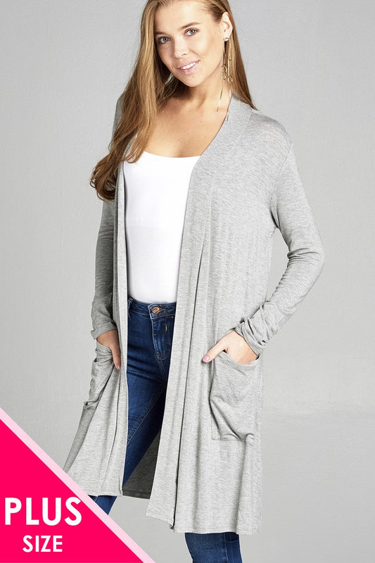 Ladies fashion plus size long sleeve open front w/pocket long length rayon spandex cardigan